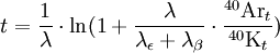 t=frac{1}{lambda}cdot ln(1+frac{lambda}{lambda_epsilon+lambda_beta}cdotfrac{{}^{40}mathrm{Ar}_t}{{}^{40}mathrm{K}_t})