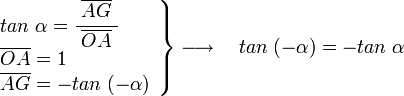     left .       begin{array}{l}          tan ; alpha =cfrac{; overline{AG} ;}{overline{OA}}           overline{OA} =1           overline{AG} = -tan ; (-alpha)       end{array}    right }    longrightarrow  quad    tan ; (-alpha) = -tan ; alpha 