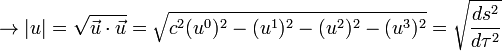 to |u| = sqrt{vec u cdot vec u} = sqrt{c^2 (u^0)^2 - (u^1)^2 - (u^2)^2 - (u^3)^2} = sqrt{ frac{ds^2}{dtau^2}}