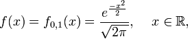 f(x)=f_{0,1}(x)=frac{e^frac{-x^2}{2}}{sqrt{2pi,}}, ,quad xinmathbb{R},