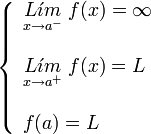     left {    begin{array}{l}       underset{x to {a}^{-}}{L acute{imath}m} ; f(x) = infty         underset{x to {a}^{+}}{L acute{imath}m} ; f(x) = L         f(a) = L    end{array}    right .  