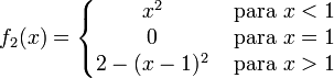 f_2(x)=left{begin{matrix}x^2 & mbox{ para } x<1  0 & mbox { para } x=1  2-(x-1)^2& mbox{ para } x>1end{matrix}right.
