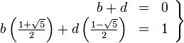 left.begin{array}{rcl}b+d & = & 0  bleft(frac{1+sqrt5}2right)+dleft(frac{1-sqrt5}2right)&=&1end{array}right}