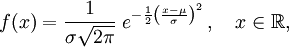 f(x)=frac1{sigmasqrt{2pi}}; e^{ - frac{1}{2} left(frac{x-mu}{sigma}right)^2} , , quad xinmathbb{R},