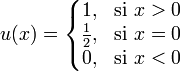 u(x) = left{begin{matrix} 1, & mbox{si }x > 0  frac {1} {2}, & mbox{si }x = 0  0, & mbox{si }x < 0 end{matrix}right.