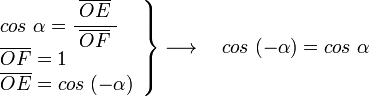     left .       begin{array}{l}          cos ; alpha =cfrac{; overline{OE} ;}{overline{OF}}           overline{OF} =1           overline{OE} = cos ; (-alpha)       end{array}    right }    longrightarrow  quad    cos ; (-alpha) = cos ; alpha 