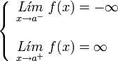     left {    begin{array}{l}       underset{x to {a}^{-}}{L acute{imath}m} ; f(x) = -infty         underset{x to {a}^{+}}{L acute{imath}m} ; f(x) = infty    end{array}    right .  