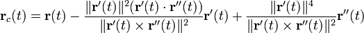  mathbf{r}_c(t) = mathbf{r}(t) -   frac{|mathbf{r}'(t)|^2(mathbf{r}'(t)cdotmathbf{r}''(t))}{| mathbf{r}'(t)timesmathbf{r}''(t)|^2}mathbf{r}'(t)+ frac{| mathbf{r}'(t) |^4}{| mathbf{r}'(t)timesmathbf{r}''(t)|^2}mathbf{r}''(t) 