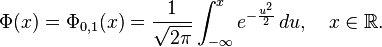  Phi(x) = Phi_{0,1}(x) = frac{1}{sqrt{2pi}} int_{-infty}^x e^{-frac{u^2}{2}} , du, quad xinmathbb{R}. 