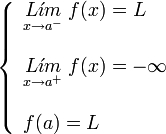     left {    begin{array}{l}       underset{x to {a}^{-}}{L acute{imath}m} ; f(x) = L         underset{x to {a}^{+}}{L acute{imath}m} ; f(x) = -infty         f(a) = L    end{array}    right .  