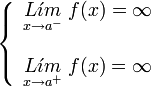     left {    begin{array}{l}       underset{x to {a}^{-}}{L acute{imath}m} ; f(x) = infty         underset{x to {a}^{+}}{L acute{imath}m} ; f(x) = infty    end{array}    right .  