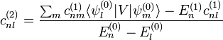 c^{(2)}_{nl}=frac{sum_mc^{(1)}_{nm}langlepsi^{(0)}_l|V|psi^{(0)}_mrangle-E_n^{(1)}c^{(1)}_{nl}}{E_n^{(0)}-E^{(0)}_l}