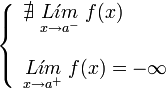    left {    begin{array}{l}       nexists ; underset{x to {a}^{-}}{L acute{imath}m} ; f(x)         underset{x to {a}^{+}}{L acute{imath}m} ; f(x) = -infty    end{array}    right .  