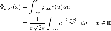  begin{align} Phi_{mu,sigma^2}(x) &{}=int_{-infty}^xvarphi_{mu,sigma^2}(u),du &{}=frac{1}{sigmasqrt{2pi}} int_{-infty}^x e^{-frac{(u - mu)^2}{2sigma^2}}, du ,quad xinmathbb{R} end{align} 