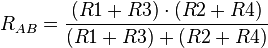 R_{AB}={(R1+R3) cdot (R2+R4) over (R1+R3)+(R2+R4)}