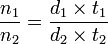 {n_1 over n_2} = frac {d_1 times t_1}{d_2 times t_2}
